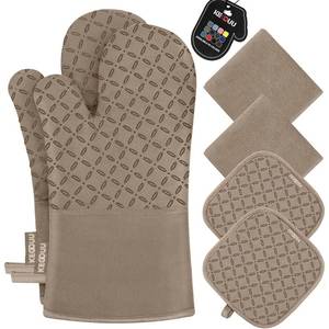 lot 5085 image: KEGOUU Oven Mitts and Pot Holders 6pcs Set, Kitchen Oven Glove High Heat Resistant 500 Degree Extra Long Oven Mitts and Potholder with Non-Slip Silicone Surface for Cooking (Khaki)