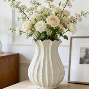 lot 5094 image: Qinyoung 1 Pack White Vintage Pleated Ceramic Vase Sour Cream Stylish Decorative Flower Vase for Bouquet Living Room Cabinet Table Centerpieces Wedding (9 x 7.32 Inches)