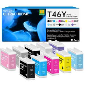 lot 5105 image: T46 T46Y Ink Cartridges with New Chip Remanufactured for T46Y1 T46Y2 T46Y3 T46Y4 T46Y5 T46Y6 T46Y7 T46Y8 T46Y9 T46YD for SureColor P900 P900 17 Inkjet Printer, 10 Pack UltraChrome PRO10 Ink Refill