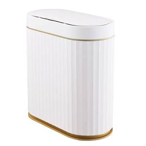lot 5123 image: ELPHECO Bathroom Trash Can with lid 2.5 Gallon Waterproof Motion Sensor Wastebasket, Automatic Trash Bin Bathroom Decor for Bedroom and Office White with Golden Trim