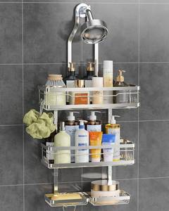 lot 5139 image: OMAIRA Shower Caddy Hanging with Soap Scrub Holder, Stainless Steel Adjustable No Drilling Non-Slip Large Capacity Sturdy Over Shower Head Shower Organizer Inside Shelves Bathroom Storage Rack, Silver