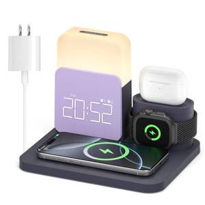 lot 5155 image: Alarm Clock Charging Station for Bedrooms, 7 in 1 Wireless Charging Station, Magnetic Charger with Night Light Bedside Clock for iPhone 17 16 15 14 13 12 Pro Max, Apple Watch, AirPods (Deep Purple)