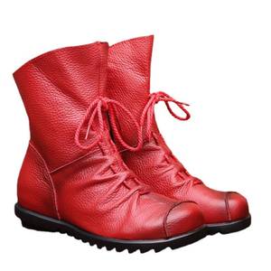 lot 6181 image: pearlzone Women��s Genuine Leather Casual Soft Flat Boots,Renaissance Natural Leather Handmade Historical Shoes (8,Red)