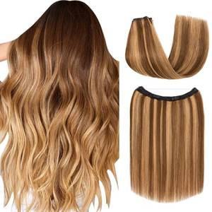lot 6212 image: S-noilite Halo Hair Extensions Real Human Hair,Invisible Wire Hair Extensions with Adjustable Fish Line 2 Clips Halo Extensions for Women 18Inch 80G(Medium BrownDark Blonde)