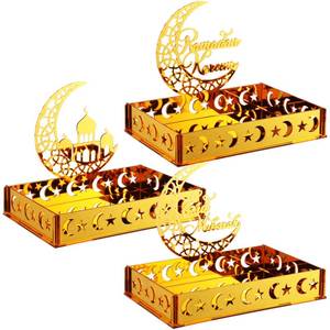 lot 6224 image: DoubleFill 3 Sets Ramadan Serving Tray Gold Eid Mubarak Holder Al-fitr Home Decoration for Moon Star Tray Gold Container for Home Islamic Muslim Party Tableware Kitchen Dessert Food Storage(Novetly)