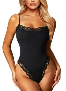 lot 6242 image: Navneet Women Sexy Lace Bodysuit Lace Trim High Cut Thong Spaghetti Strap Cami Bodysuit Going Out Tank Tops Body Suit Black S