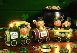 lot 6253 image: Valery Madelyn St Patricks Day Decorations for Home, Lighted LED Train Leprechaun Decorations with Shamrock Pot of Gold Guiness Beer, Irish Resin St Patty Day Tiered Tray Decoration Table Centerpiece