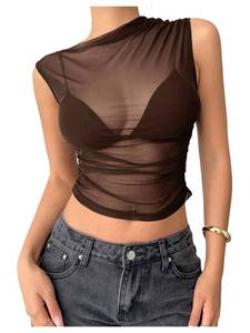 lot 6279 image: Milumia Womens Sheer Mesh Top Ruched See Through Tank Crop Top Rave Outfits Brown Small