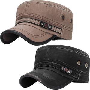 lot 6287 image: YeeHeen Cadet Army Hat 2 Pieces Flat Top Cap Unisex Military Hat for Women Men Black E  Brown E