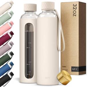lot 6290 image: KIVY Glass Water Bottle with Silicone Sleeve 32 oz WITH MEASUREMENT - Borosilicate Glass Water Bottle Screw Top - Clear Bottles with Measurement Marking - Slim Waterbottle Aesthetic - Cream White