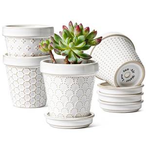 lot 6405 image: LE TAUCI 3 Inch Mini Succulent Pots - Very Small Ceramic Planter with Saucer, Tiny Embossed Flower Pots for Lithops, Mini Cactus, Air Plants, Fairy Gardens - Indoor Home Decor, Set of 4, Arctic White