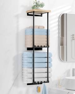 lot 6407 image: HapiRm Towel Racks for Bathroom Storage - No Drill Wall Mounted Towel Holder with Shelf and 6 Hooks, Rolled Towel Storage Bath Towel Organizer for Small Bathroom, Camper, Rv - Black