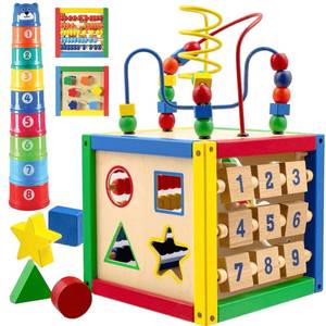 lot 11305 image: Play22 Wooden Activity Cube for Baby - 6 in-1 Baby Activity Play Cube with Bead Maze, Shape Sorter, Abacus Counting Beads, Counting Numbers, Sliding Shapes, Removable Bead Maze, 8Pcs Stacking Cups