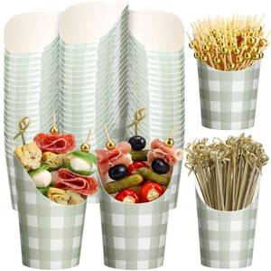 lot 11307 image: Potchen 250 Pcs Sage Green Plaid Charcuterie Cups with Sticks 14 oz 50 Sets Disposable Checkered Gingham Snack Appetizer Cups with 200 Cocktail Picks French Fry Holder for Wedding Bridal Party Decor