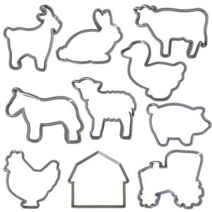 lot 11316 image: Moose Goods Farm Animal Cookie Cutters - Set of 10 Cookie Cutters outline - Includes Chicken, Pig, Cow, Horse, Duck, Goat, Sheep, Bunny, Barn, & Tractor Cookie Cutter