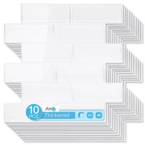 lot 11334 image: Art3d 10-Pack Heavy-Duty Peel and Stick Backsplash, 12 x 12 Inch Vinyl Seaglass Subway Design Stick on Wall Tile for Kitchen Living Room Home Decor, White