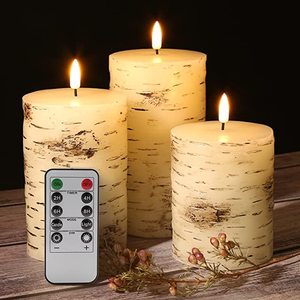 lot 11356 image: Eywamage Birch Bark Flameless Pillar Candles with Remote, Flickering Rustic Battery LED Wood Candles Set of 3 (Missing Remote)
