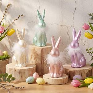 lot 11411 image: Ferrochef 4 Pcs Pastel Easter Bunny Figurine Decoration 6 Inch Pearly Pastel Rabbit Figurine Vintage Resin Easter Iridescent Rabbit Decor with White Fluff on Neck for Spring Home Tabletop Centerpiece (Missing 2)