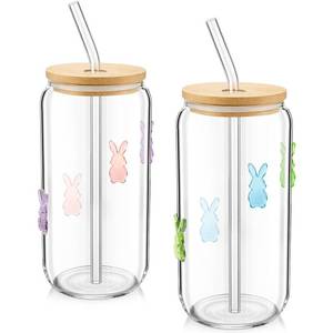 lot 11424 image: Remerry 2 Pcs 17 oz Easter Icon Juice Glasses with Lid and Straw Pastel Bunny Drinking Cup Spring Coffee Mug Rabbit Coffee Mugs Easter Basket Stuffers for Spring Gathering Gift, Birthday