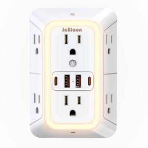 lot 12303 image: Wall Outlet Extender with Night Light, Power Plug Adapter 6 Outlet Extender with 4 USB Charging Ports 1050J Power Strip Multi Plug Adapter Spaced for Home Travel Office (2U2C)