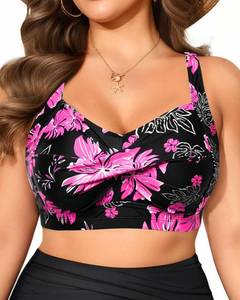 lot 12305 image: Daci Women Plus Size Push up Bikini Top Only Full Coverage Swimsuit Tops Twist Front Bathing Suit Bra for Large Bust Pink Floral L