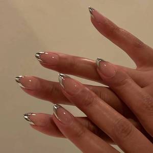 lot 12327 image: Glazed Donut Silver Gray French Tip Press on Nails Almond, Brown French Chrome Nails Press ons for Women, Aurora Glue on Nails Medium Length, Reflective Mirror Acrylic Nails Light Weight Fit Perfectly