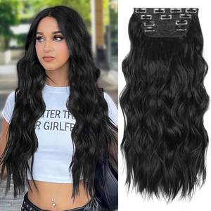 lot 12340 image: ALXNAN Clip in Long Wavy Synthetic Hair Extension 24 Inch Black 4PCS Thick Hairpieces Fiber Double Weft Hair for Women