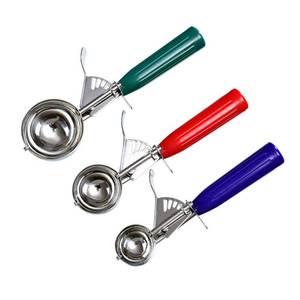 lot 12352 image: LONGLUOSI Cookie Scoop Set of 3 With Plastic Handle, Ice Cream Scoop with Trigger, Size Large��2.49 Inch��- Medium��1.97 Inch��- Small��1.58 Inch�� Size Polishing 188 Stainless Steel Cupcake Scoop (One Is Damaged)