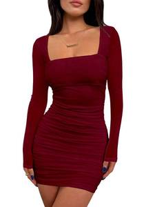lot 12363 image: BORIFLORS Womens Sexy Ruched Bodycon Mini Dress Mesh Long Sleeve Club Party Short Dresses, Small, Wine Red