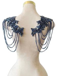 lot 12372 image: 1 Pair Beaded Rhinestones Applique Embellishment for Clothes Epaulettes Shoulder Patches Sew-on Diamond Sequin Tassels Applique for Wedding Dress DIY Accessories 9.8X10.2inches (Deepblue)
