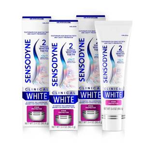 lot 12407 image: Sensodyne Clinical White Toothpaste Clinically Proven Whitening for Sensitive Teeth, Stain Protector, 3.4 oz x 3