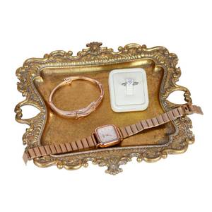 lot 12411 image: Funly mee Antique Trinket Dish Vintage Metal Jewelry Tray, Wedding Ring & Necklace Holder -8 x 7 inches (Gold, M)