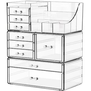 lot 13461 image: Yieach 3 Pack Clear Makeup Organizer Countertop for Dresser,Vanity and Bathroom Counter Organizer,Tiered Stackable Makeup Acrylic Organizers with 9 Drawer for Skincare,Brush and Make up Holders