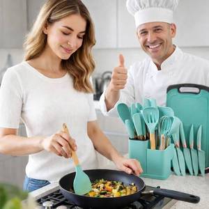 lot 13467 image: Kitchen Utensil Set 19-Piece �� Heat Resistant Silicone Cooking Utensils with Stainless Steel Handles, Nonstick Cookware Safe Dark Green