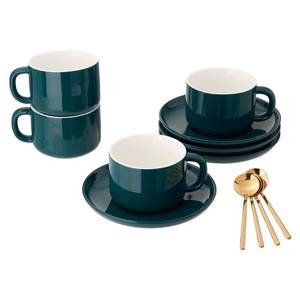 lot 13470 image: CHILDIKE 8oz Cappuccino Cups Set of 4, Ceramic Coffee Cups and Saucers Set with Spoons, Green Durable Coffee Cups for Cappuccino Espresso Latte Mocha Au Lait Macchiato Cafe