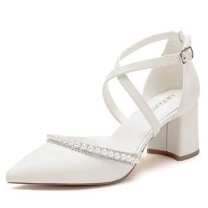 lot 13492 image: Block Heel Wedding Shoes for Bride Closed Toe Pearl Bridal Shoes Cross Strap Wedding Heels-Ivory-6cm-11