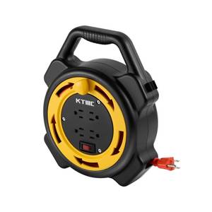 lot 13500 image: KTMC Extension Cord Reel with 25 FT Power Cord, Hand Wind Retractable, 163 AWG SJTW, 4 Grounded Outlets, 10 Amp Circuit Breaker, Yellow, Black, UL Listed