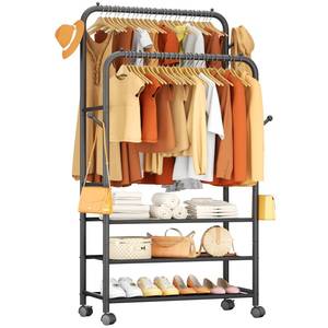 lot 13502 image: Furologee Clothes Racks for Hanging Clothes, Portable Rolling Garment Rack, Sturdy Metal Freestanding Cloths Racks with Wheels, Double Rods Wardrobe Rack for Bedroom Laundry Living Room