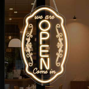 lot 13503 image: LED Neon Open Sign for Business, 16.5x10 Come in We��re Open Sign, Warm White Adjustable Brightness Neon Lights for Party, Bar, Salon, Stores, Hotel, Wall Decor, Clubs, Hotels, Vertical