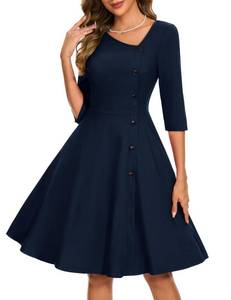 lot 14065 image: Aupuls Autumn Asymmetrical Neckline Dress A Line Wedding Guest Dresses for Women 2025 Vintage Church Work Funeral Dress Cocktail 1950s Style Navy XL