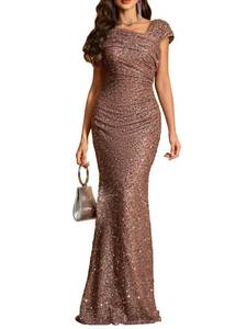 lot 14069 image: UNITHORSE Womens Asymmetrical Neckline Pleated Shimmering Evening Dress S6633-Pink-S