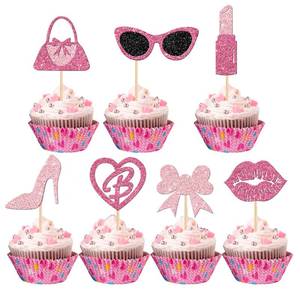 lot 14076 image: Glitter Pink Princess Cupcake Toppers Girl Cupcake Picks Handbag Glasses Bow Tie Lipstick High Heel Cake Decorations for Girl Princess Theme Bridal Shower Wedding Birthday Party Supplies��32 PCS Pink��