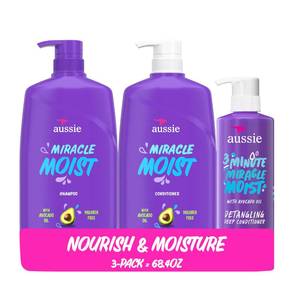lot 14078 image: Aussie Miracle Moist Shampoo and Conditioner with 3 Minute Miracle Deep Conditioner, Avocado & Jojoba Oil, Paraben-Free, Moisturizes & Detangles, All Hair Types, Citrus Floral Scent, 3 Pack 68.4 Fl Oz