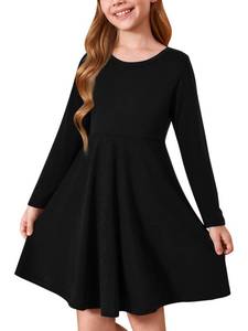 lot 14083 image: Haloumoning 140 Girls Long Sleeve T-Shirt Dresses Kids Fall A-Line Twirly Skater Dresses 5-14 Years Black