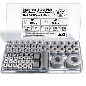 lot 14095 image: Kviceo Stainless Steel Flat Washers Assortment, 18-8 (304) Stainless Steel, 547-Piece Set (Assorted Metric Sizes M3-M12, 3mm, 4mm, 5mm, 6mm, 8mm, 10mm, 12mm) with Plastic Storage Case