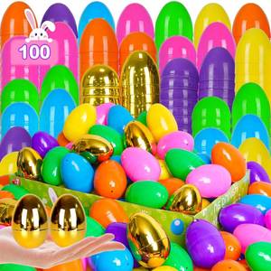 lot 14098 image: PIONJOY 6 Golden Eggs 100 PCS 2.4 Fillable Plastic Easter Eggs Empty Easter Eggs Colorful Plastic Eggs Bulks for Kids Teens Boys Girls Easter Basket Stuffers Hunt Easter Party Favor
