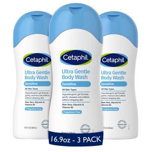 lot 14109 image: Cetaphil Ultra Gentle Body Wash, For Dry to Normal, Sensitive Skin, 16.9oz Pack of 3, Aloe Vera, Vitamin B5, Hypoallergenic, Paraben Free, Fragrance Free, Dermatologist Tested