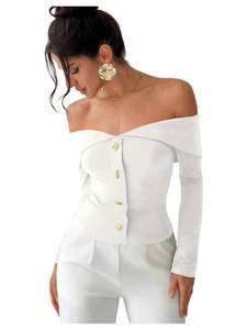 lot 14437 image: WDIRARA Womens Off The Shoulder T Shirts Metal Button Long Sleeve Tee Going Out Top White Solid Medium