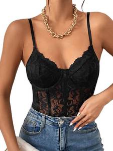 lot 14439 image: Milumia Womens Sexy Sheer Mesh Lace Bodysuit Spaghetti Strap Bustier Corset Tops Rave Party Club All Black Small