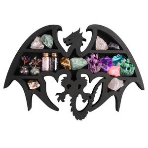 lot 14457 image: Stylitzy Wooden Floating Shelf Dragon Design Unique Room Decor Crystal & Rock Display Shelf, Floating Wall Shelves with Dragon Design for Rocks, Crystals, Oils, Stones, Plants 14x9.4inch